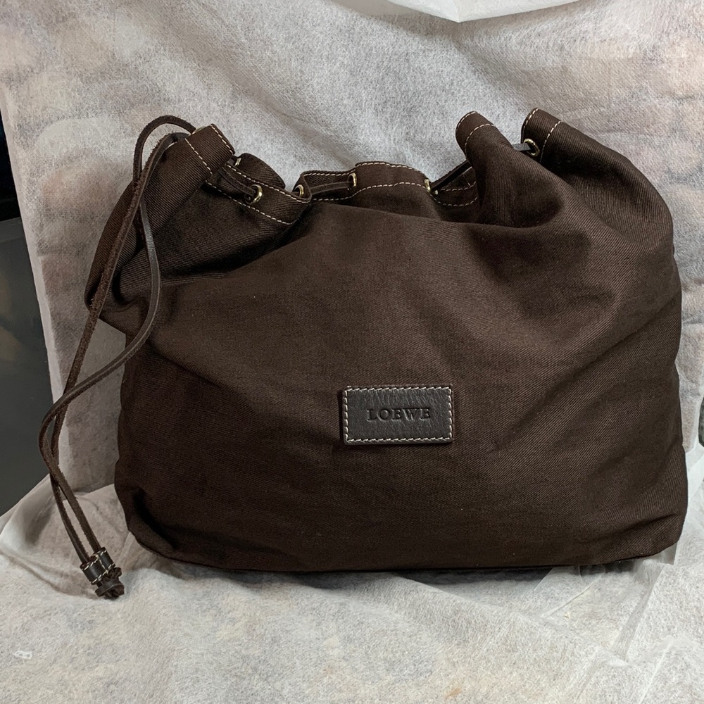 Loewe  Brown  Canvas Clutch with  Leather Crown Drawstring Clutch Bag